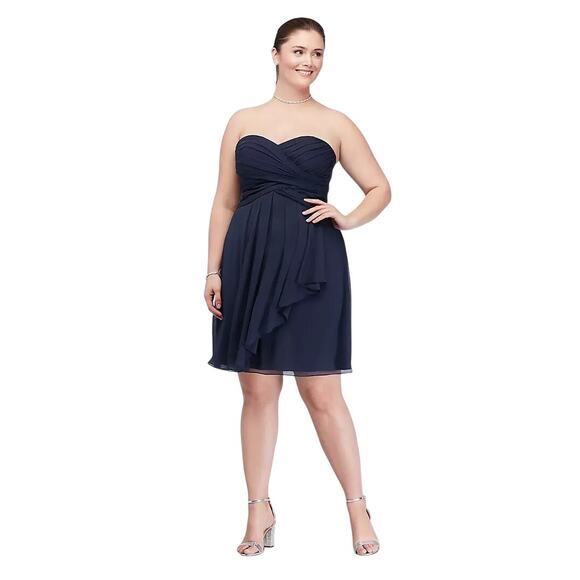David's Bridal Short Crinkle Chiffon Dress Front Cascade F14847 Black 14 - Picture 1 of 5